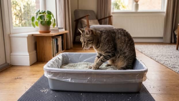 cat digging in litter box with liner underneath litter