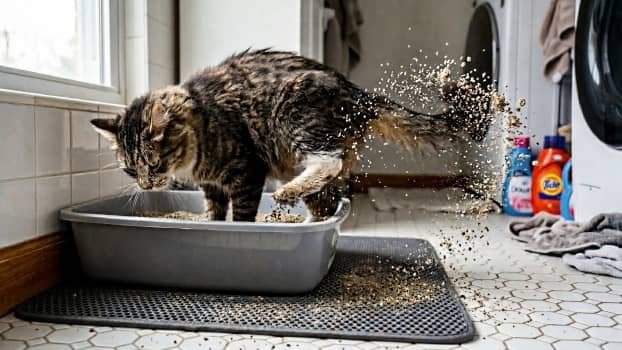 cat digging in litter box kicking litter onto floor
