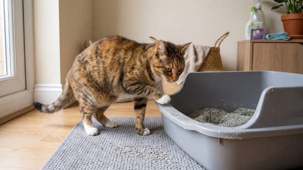 cat hesitating to step into high entry litter box showing difficulty entering