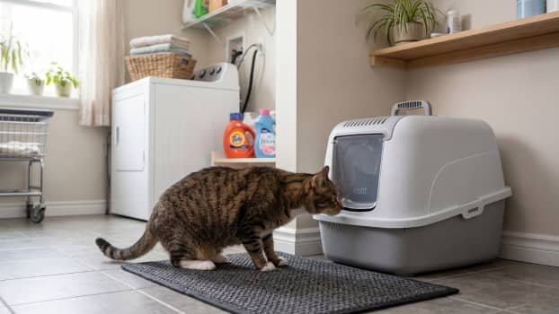 cat sniffing and investigating a closed litter box