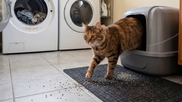 cat stepping out of a litter box in a laundry room