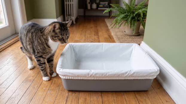 cat looking at litter box with liner installed and no litter inside