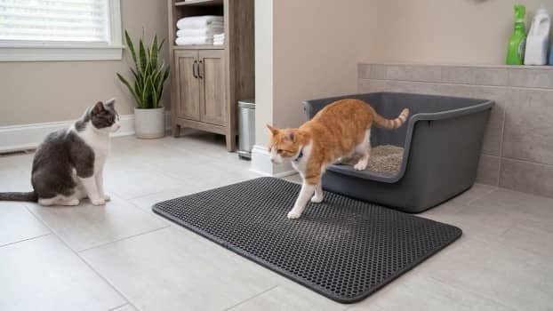cat stepping out of litter box onto large honeycomb litter mat showing proper placement