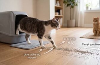 cat leaving litter box with litter stuck to paws causing tracking across floor