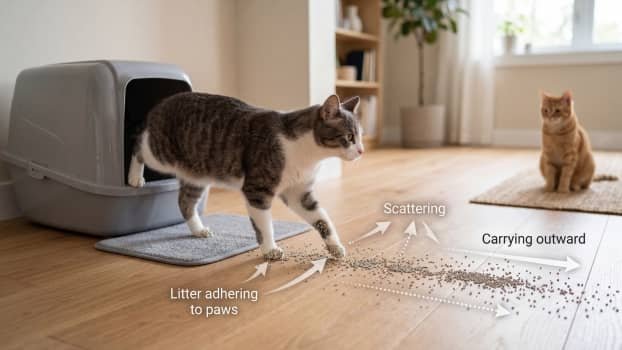 cat leaving litter box with litter stuck to paws causing tracking across floor