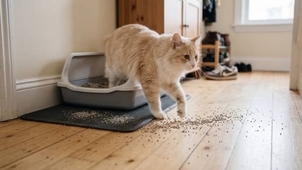 cat litter scattered on floor as cat walks out of litter box onto mat
