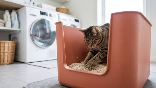 cat using a high sided litter box to prevent litter scatter
