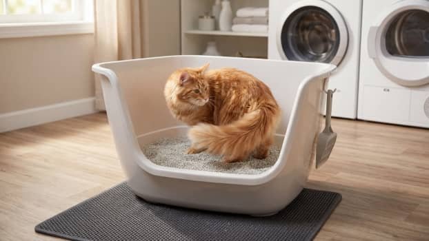 cat using a large litter box showing enough space to turn and move comfortably