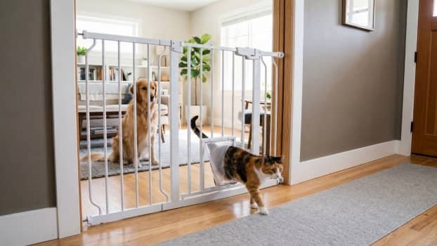 cat walking through pet gate while dog is blocked on the other side