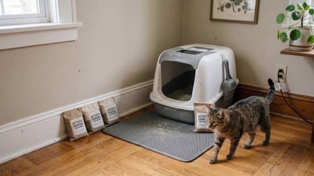 activated charcoal bags placed near litter box for odor control