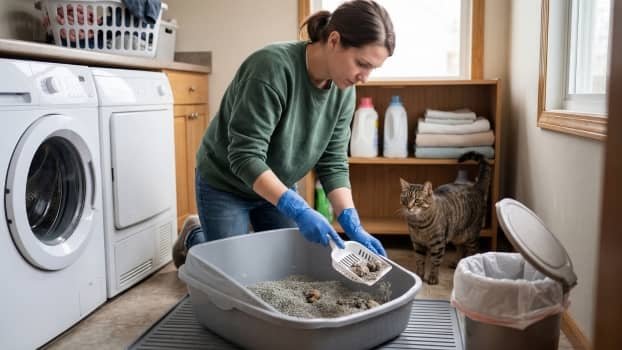 cleaning litter box with scoop to reduce odor buildup
