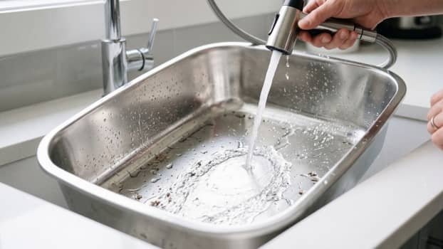 rinsing a stainless steel cat litter box showing smooth non porous surface easy to clean