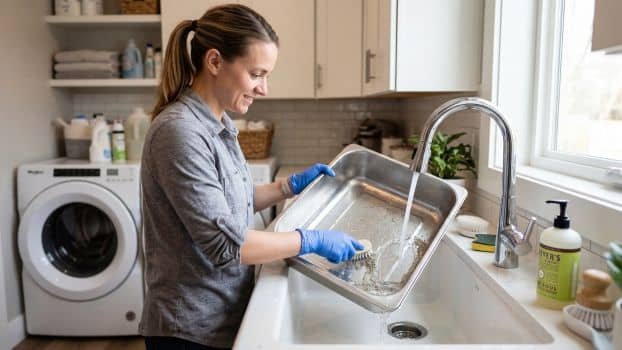 cleaning a stainless steel litter box in a sink