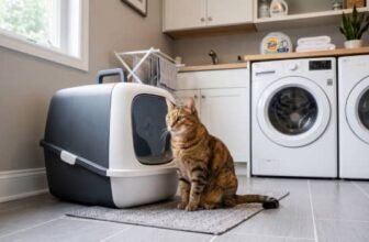 cat sitting beside a closed litter box in a laundry room