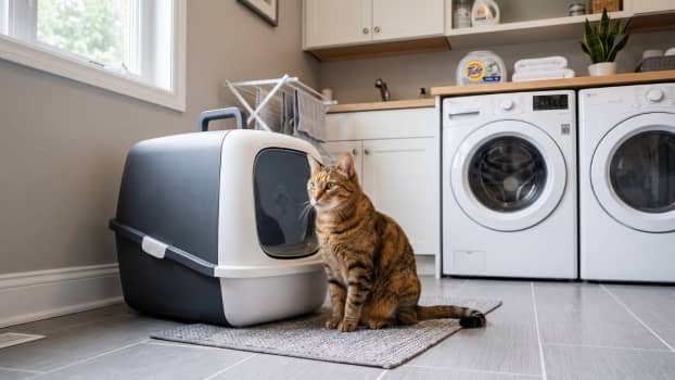 cat sitting beside a closed litter box in a laundry room