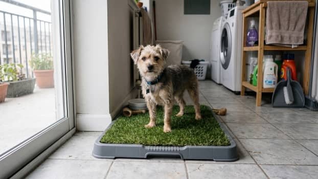 dog standing on artificial grass potty system with tray indoors