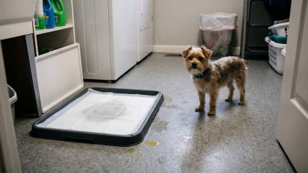 dog indoor potty setup with pee pad tray and leaks on floor