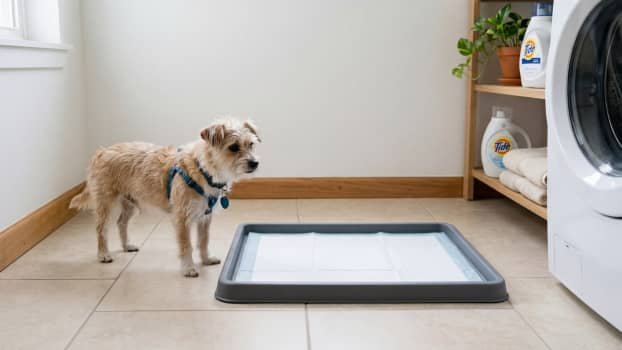 dog standing next to basic pee pad holder tray with disposable pad