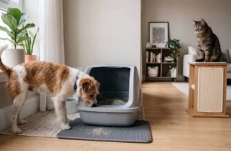 dog proof litter box problem with dog sniffing litter box and cat nearby