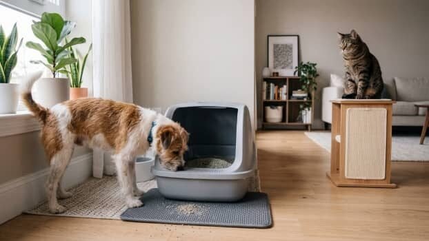dog proof litter box problem with dog sniffing litter box and cat nearby