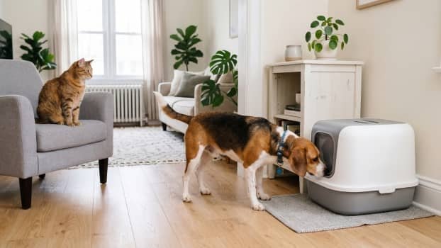 dog sniffing covered litter box while cat watches nearby