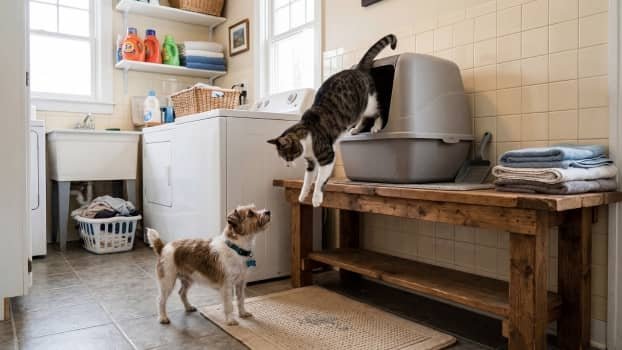 cat stepping down from elevated litter box while small dog looks up