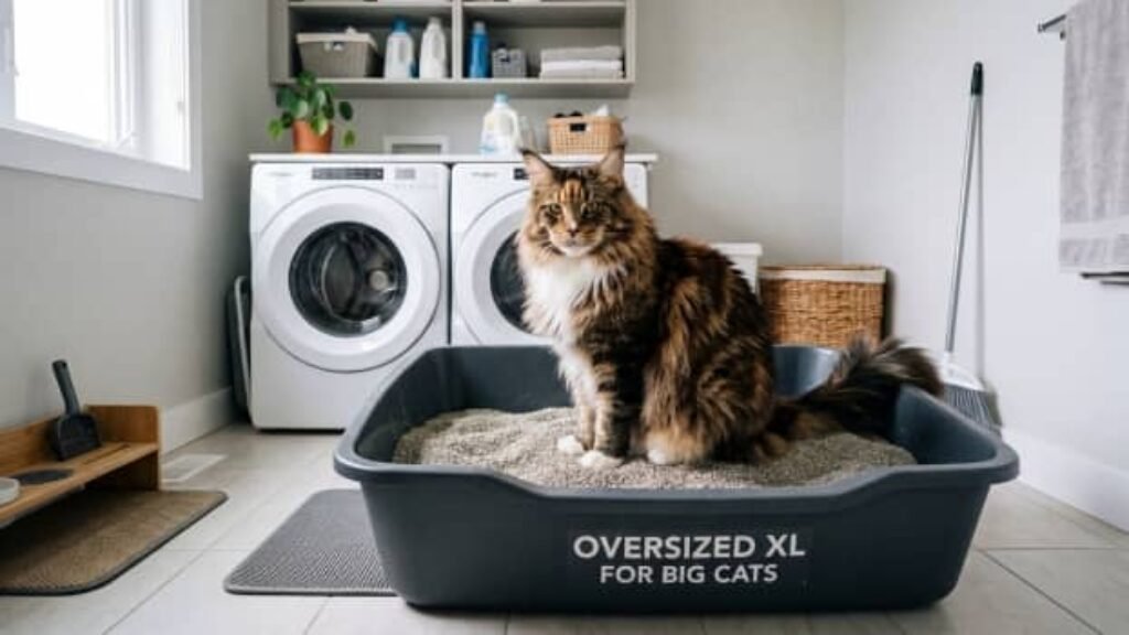 Maine Coon using an extra large litter box in a laundry room