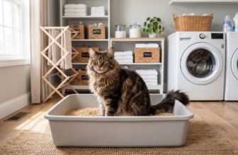 maine coon cat sitting in an extra large litter box in a laundry room