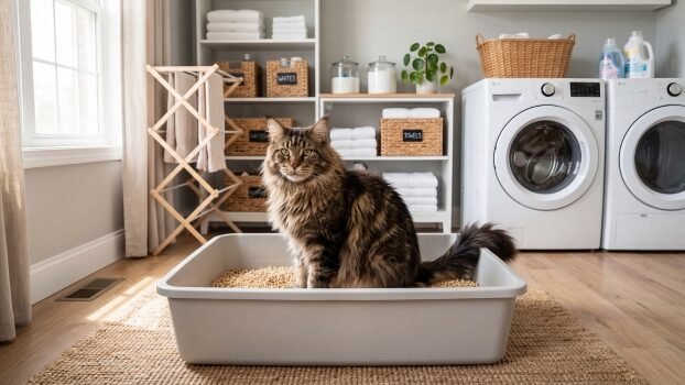 maine coon cat sitting in an extra large litter box in a laundry room