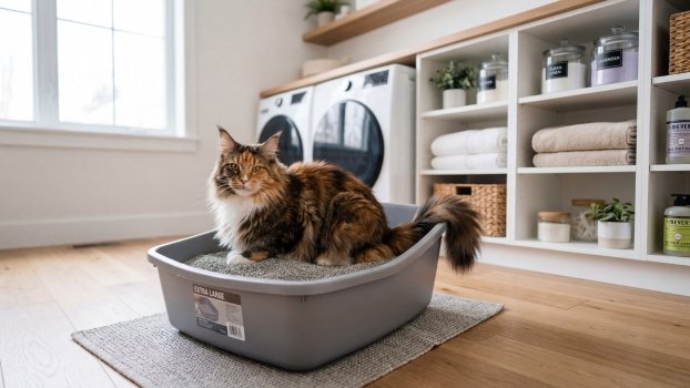 Maine Coon using an extra large litter box in a laundry room