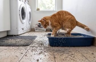 cat kicking litter out of a low sided litter box in a laundry room