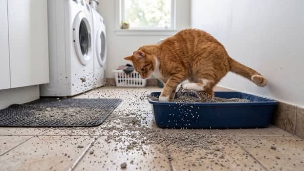 cat kicking litter out of a low sided litter box in a laundry room