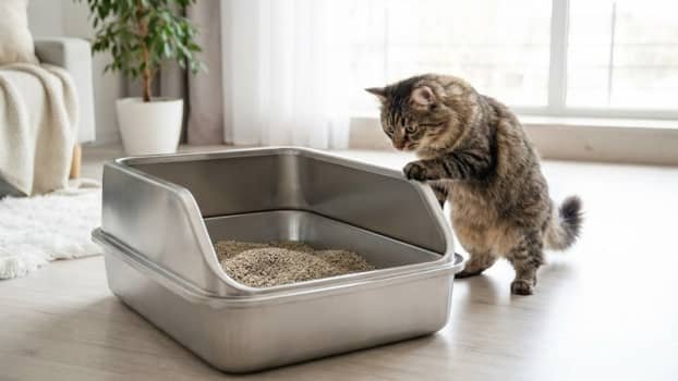 cat standing outside high sided stainless steel litter box designed to reduce litter tracking
