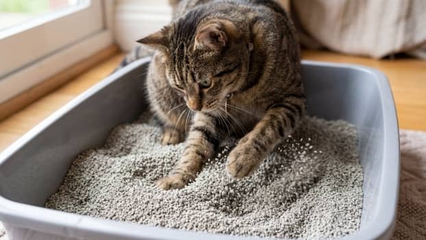 how much litter to put in a litter box shown with a cat digging at proper litter depth