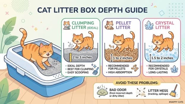 how much litter to put in a litter box infographic showing ideal depth for different litter types