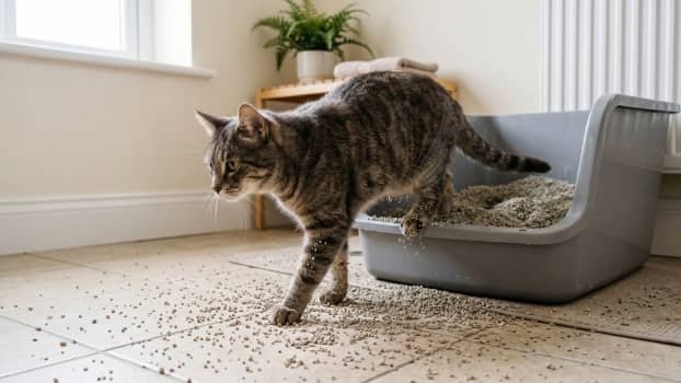 how much litter to put in a litter box shown with litter scatter from too much litter