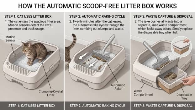 how a scoop free litter box works step by step with automatic rake system and waste compartment
