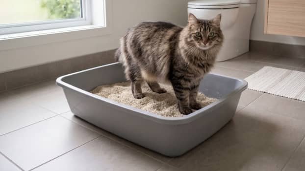 fluffy cat comfortably using a large open litter box
