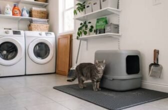 clean litter box setup in laundry room with mat scoop and storage
