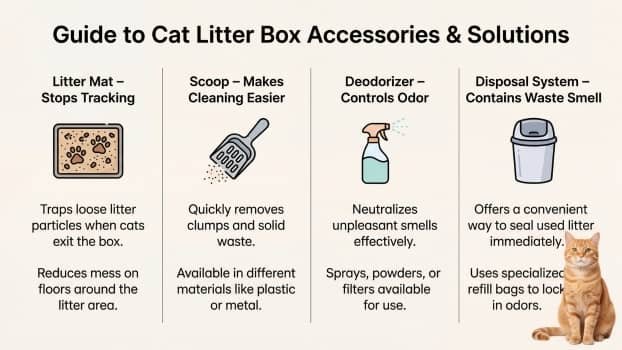 infographic showing litter box accessories and how they help reduce tracking odor and cleaning time