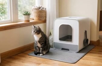 litter box deodorizer setup for odor control with cat nearby