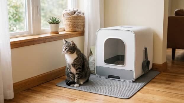 litter box deodorizer setup for odor control with cat nearby
