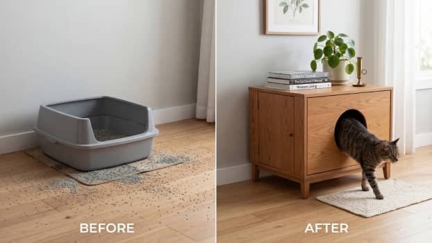 before and after comparison showing exposed litter box vs litter box enclosure furniture cabinet