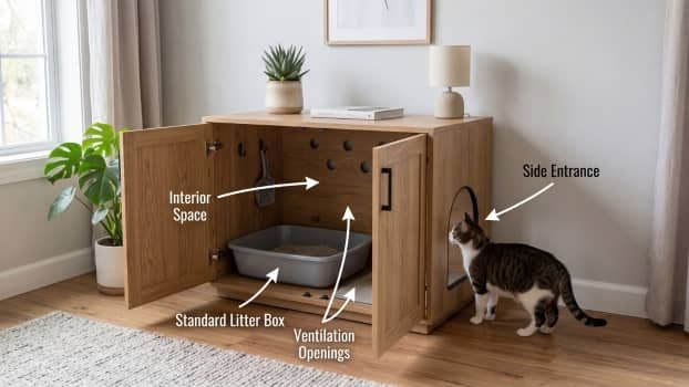 litter box enclosure furniture cabinet showing interior space ventilation openings and side entrance for cat access