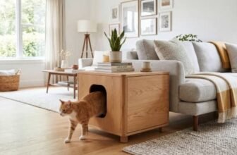 cat walking out of hidden litter box enclosure furniture cabinet in living room