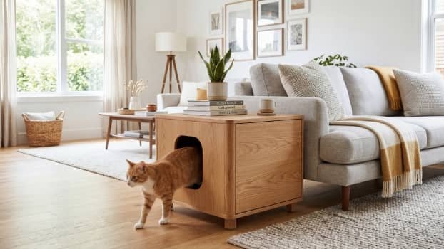 cat walking out of hidden litter box enclosure furniture cabinet in living room