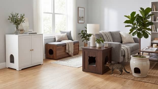 different styles of litter box enclosure furniture including cabinet bench end table and planter designs
