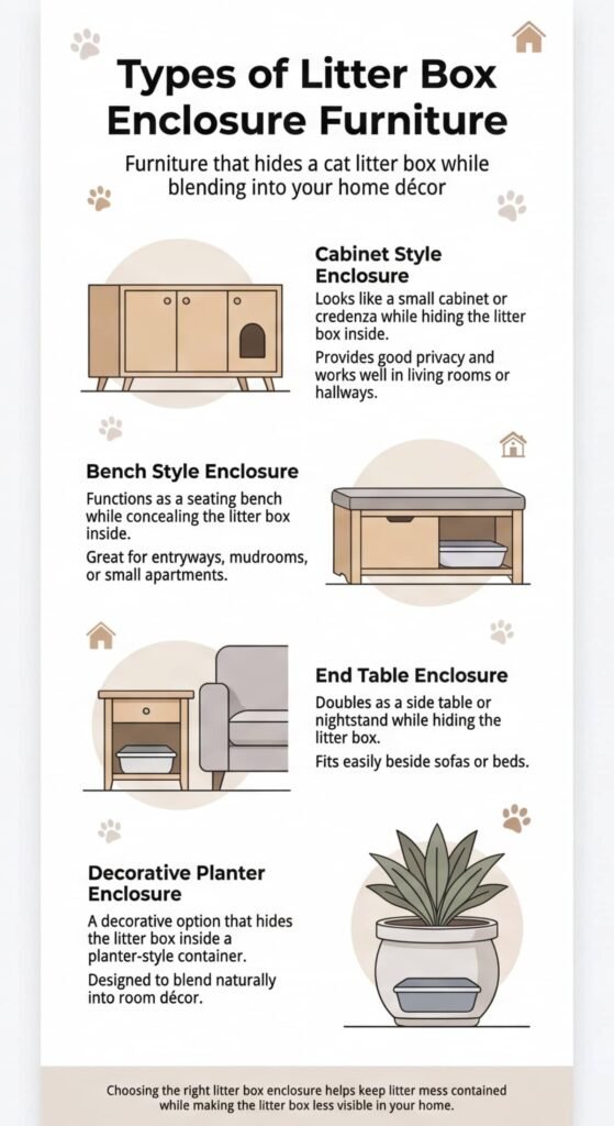 Types of Litter Box Enclosure Furniture infographic showing cabinet bench end table and planter style litter box enclosure furniture