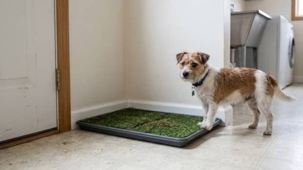 litter box for dogs indoor potty setup with grass pad in hallway corner