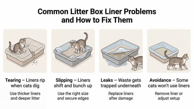 common litter box liner problems and how to fix them infographic